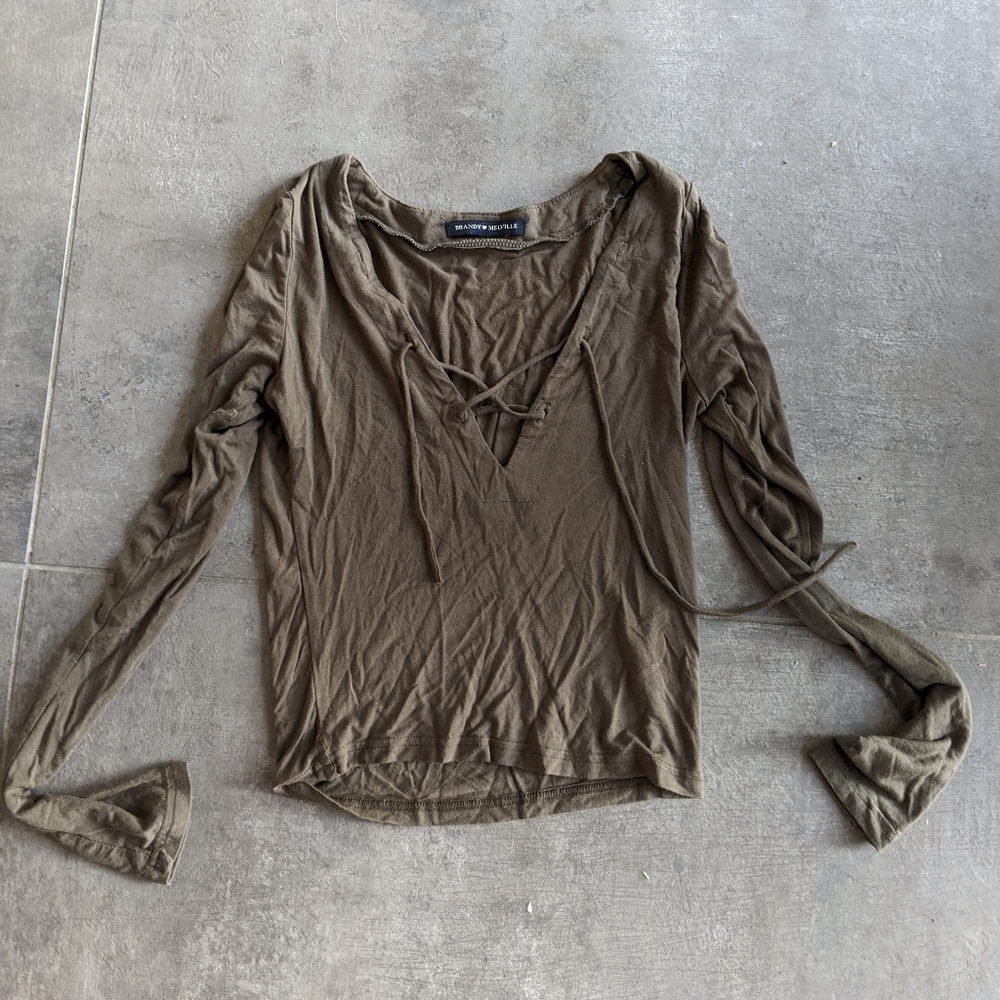 Brandy Melville Olive Green Lace up Tshirt